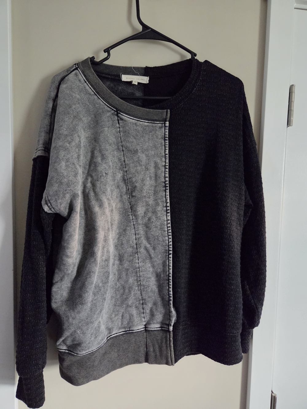 Gilded Intent Color Block Acid Wash Gray & Black Textured Knit Sweater
